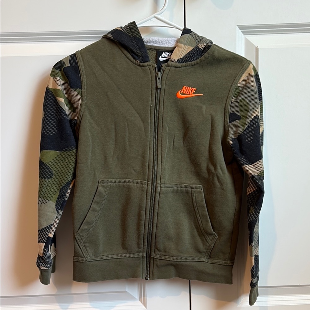 Nike Kids' Green Camo Hoodie with Orange Logo